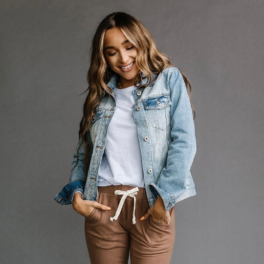 Girl wearing denim jacket hotsell