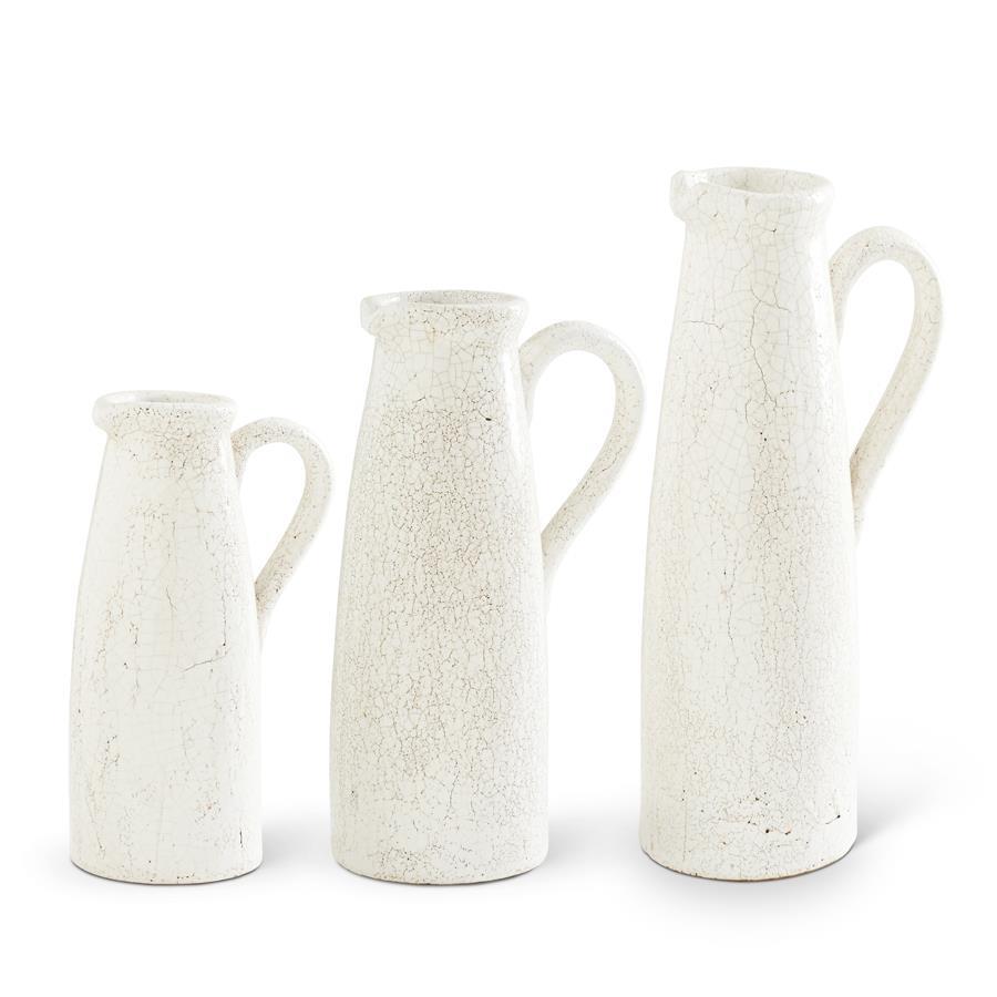 Distressed White Ceramic Crackle Pitcher