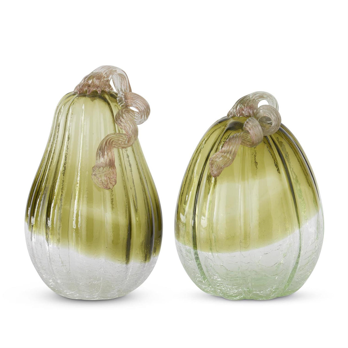 Green and Clear Crackled Handblown Glass Pumpkin Tall