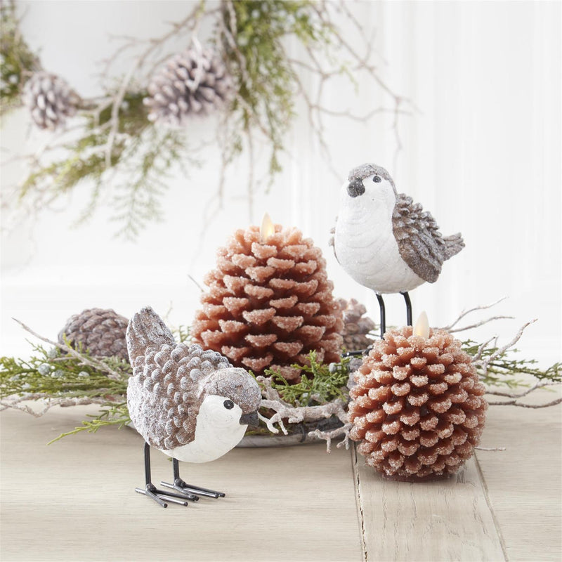 Brown and White Glittered Wood Grain Pinecone Bird