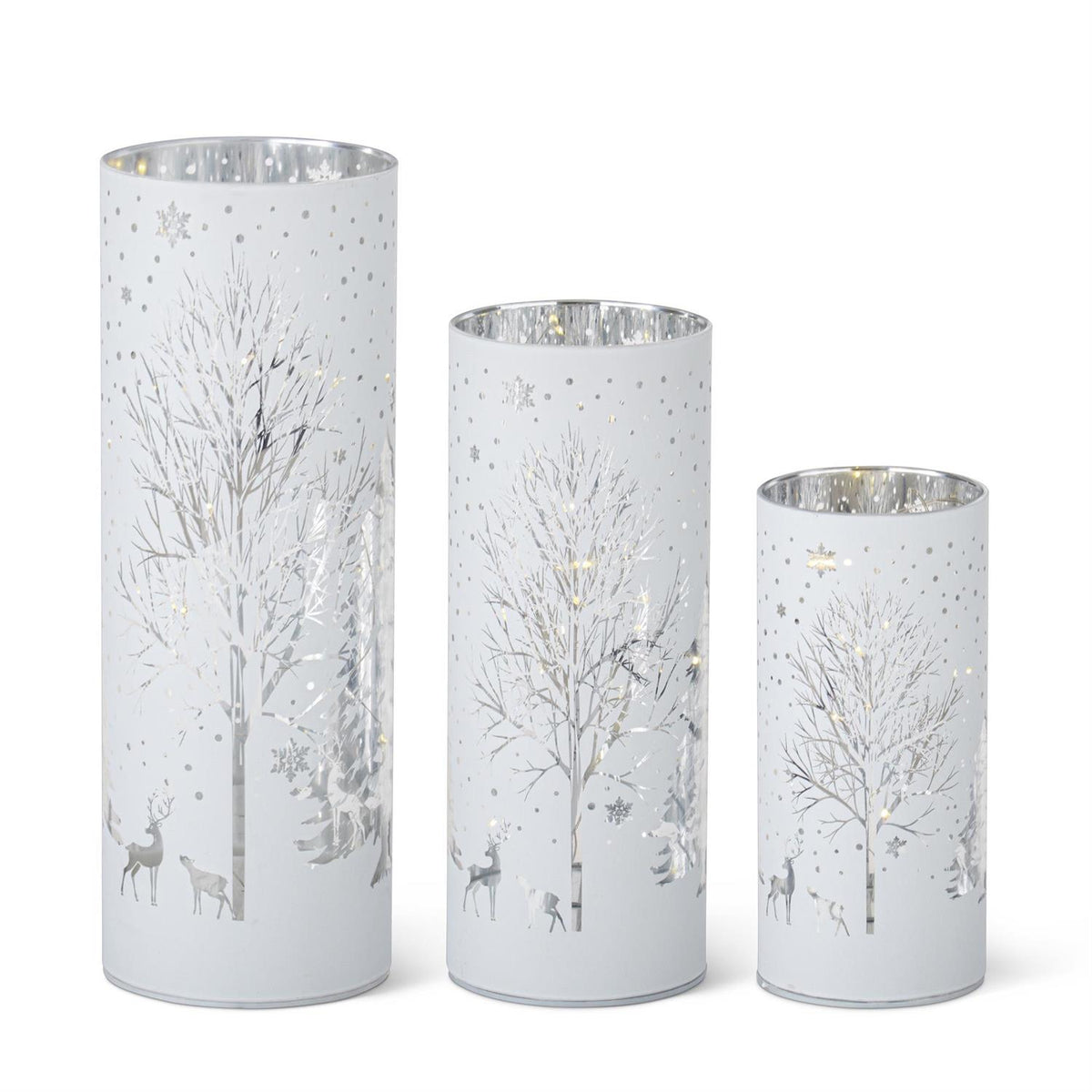 White Laser Engraved Winter Scene LED Cylinder