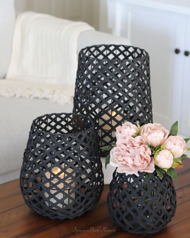 Black Woven Wood Candleholder Lantern