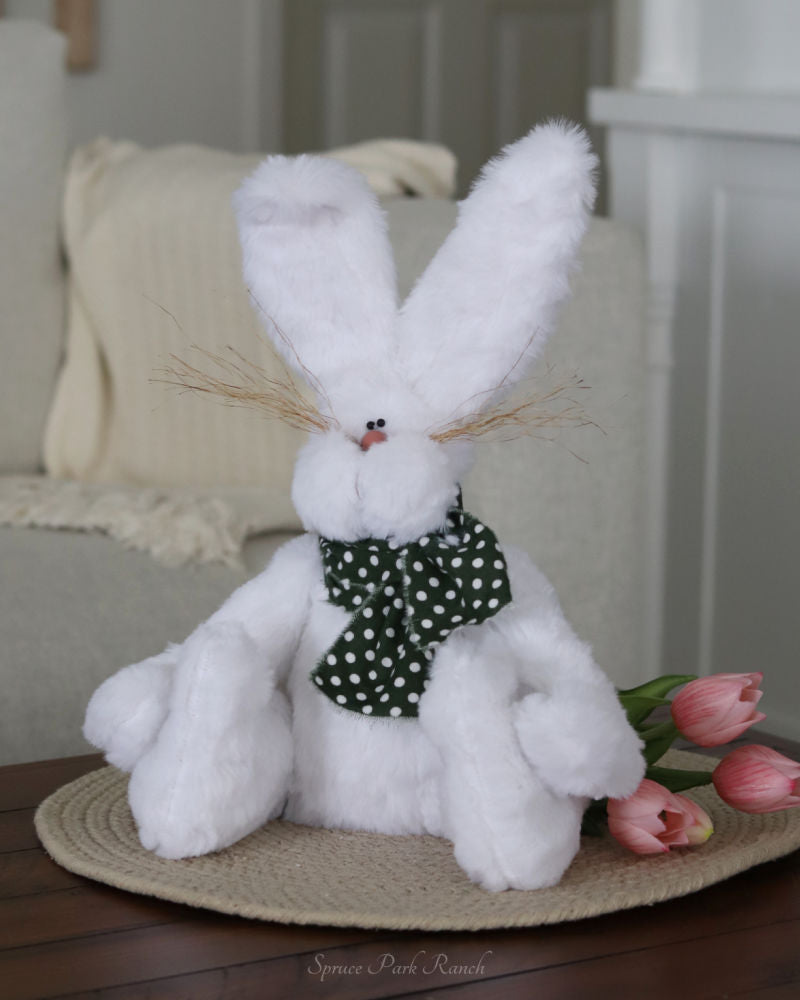 Fuzzy Bunny with Polka Dot Green Scarf