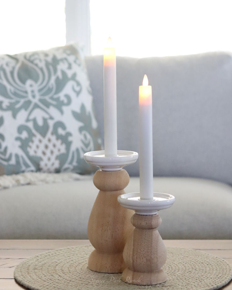 Wood Taper and Pillar Candle Holder With White Top