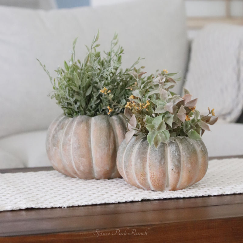 Whitewashed Orange and Green Cement Pumpkin Pot Short