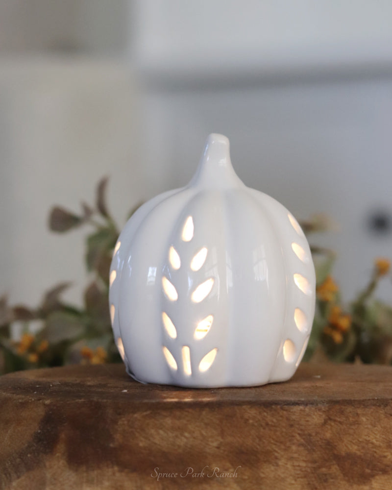 Ceramic Cutout LED White Pumpkin Wheat Design