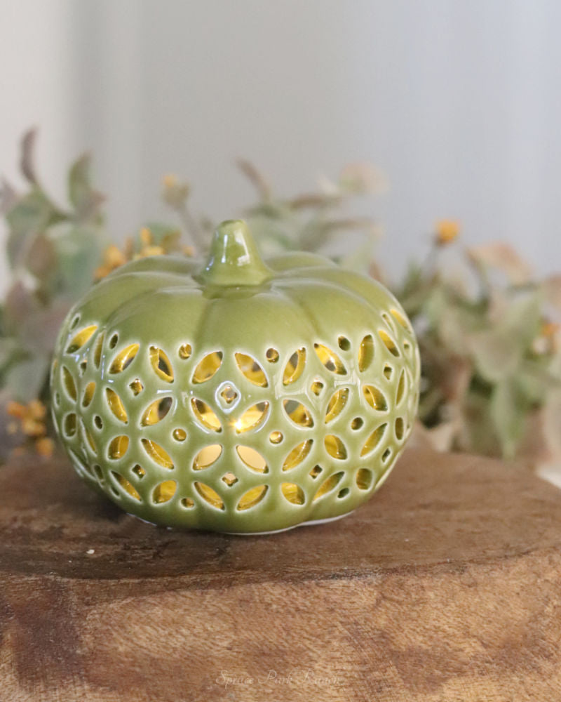 Ceramic Cutout LED Green Pumpkin