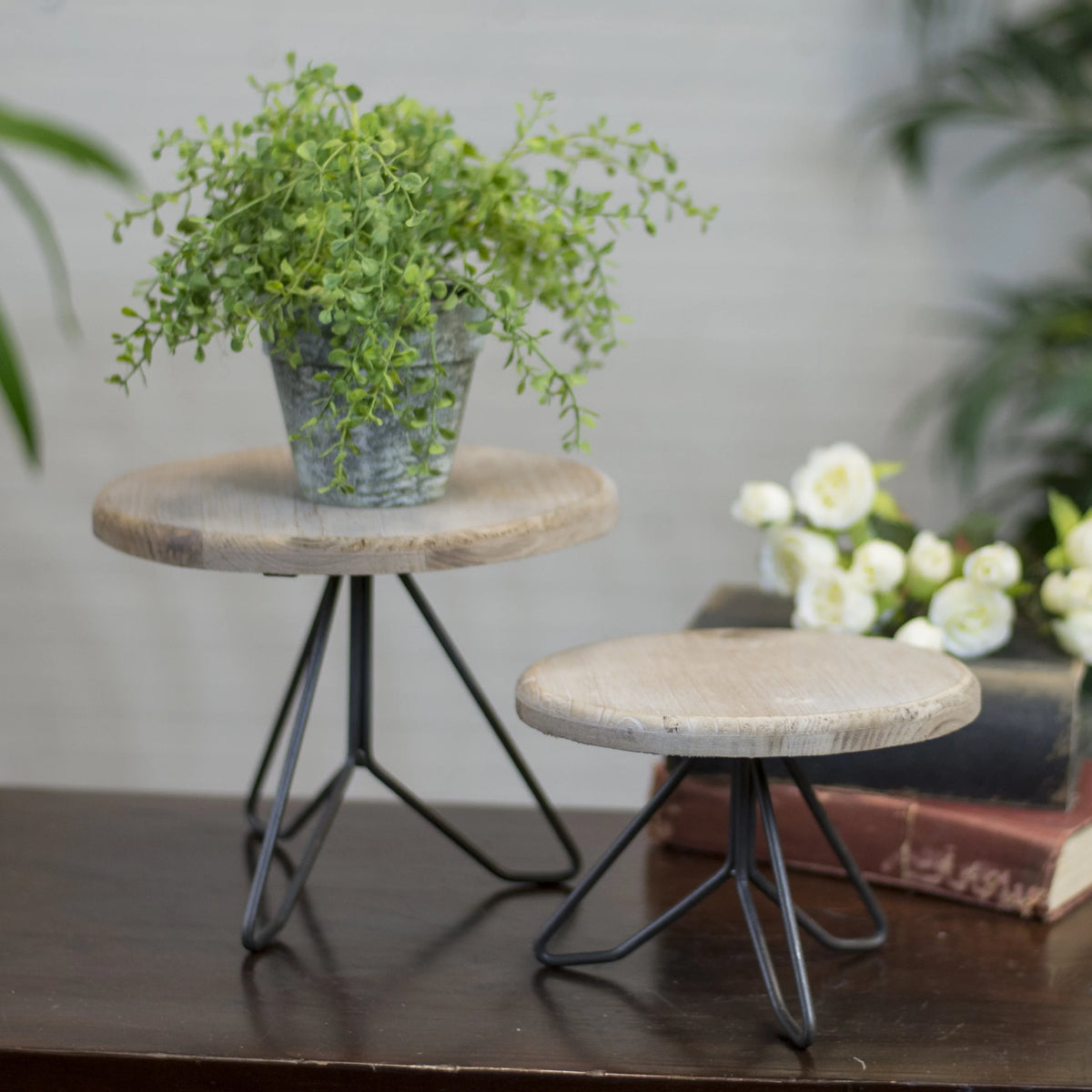 Rustic Wood Round Stand With Metal Legs