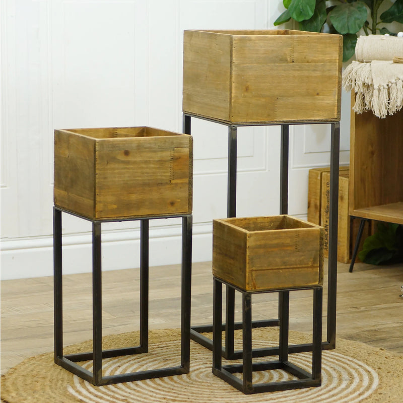 Square Wood Frame Planters With Metal Stands