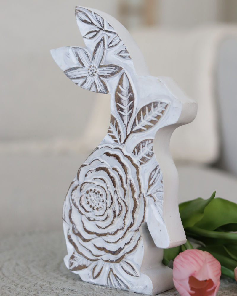 Whitewashed Floral Carved Resin Bunny Standing