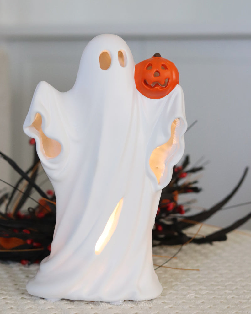 Light Up White Resin Ghost With Pumpkin