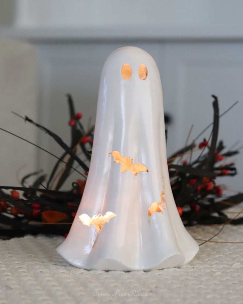 Light Up White Resin Ghost With Bat Cutouts