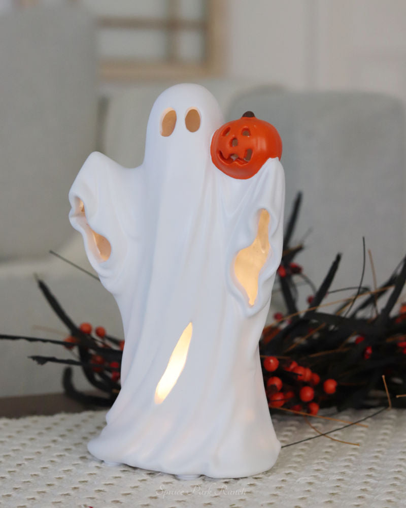 Light Up White Resin Ghost With Pumpkin