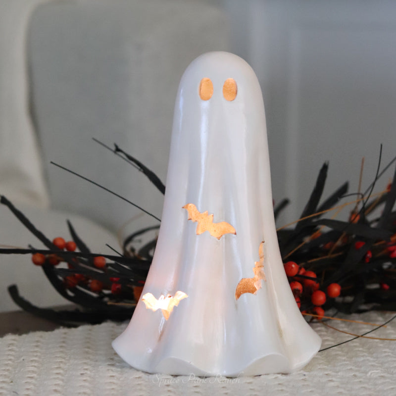 Light Up White Resin Ghost With Bat Cutouts