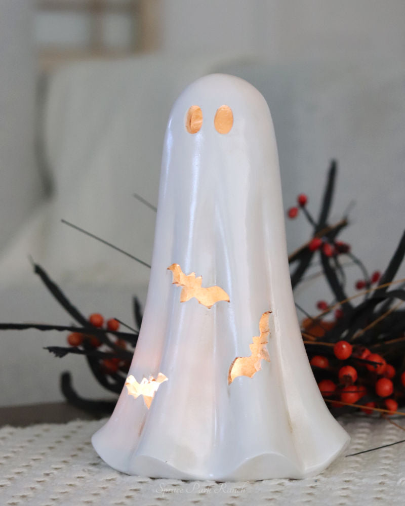 Light Up White Resin Ghost With Bat Cutouts