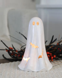 Light Up White Resin Ghost With Bat Cutouts