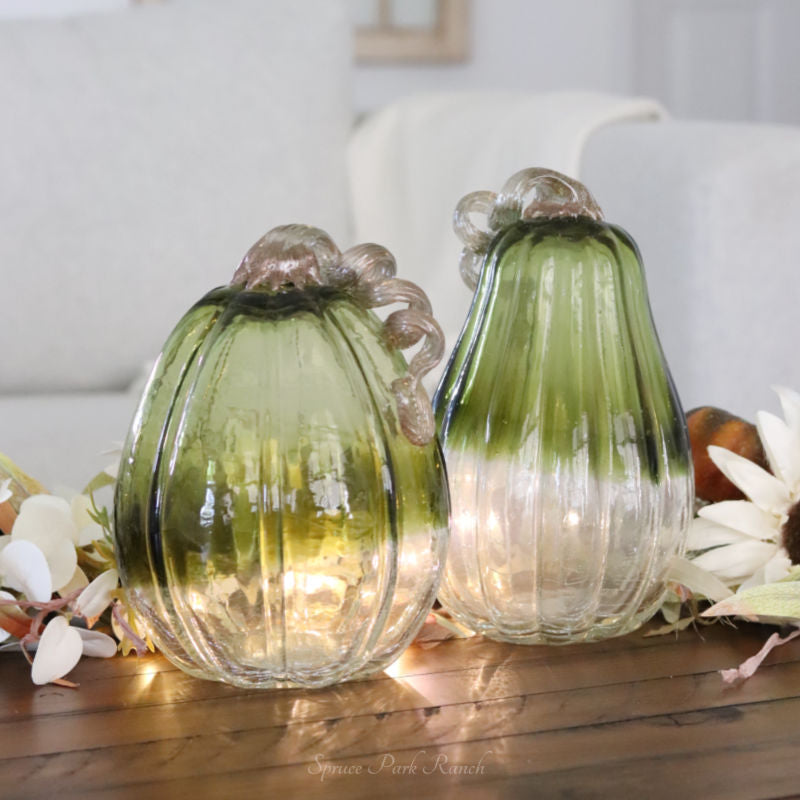 Green and Clear Crackled Handblown Glass Pumpkin Tall