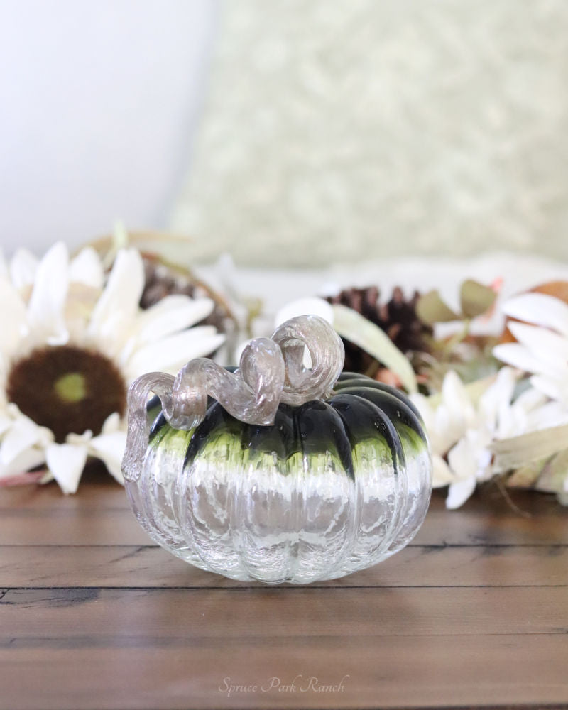 Green and Clear Crackled Handblown Glass Pumpkin Round