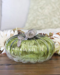 Green and Clear Crackled Handblown Glass Pumpkin Round