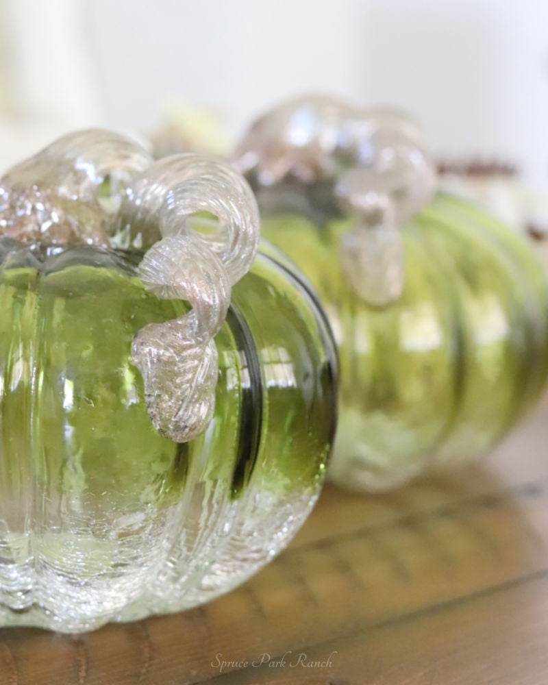 Green and Clear Crackled Handblown Glass Pumpkin Round