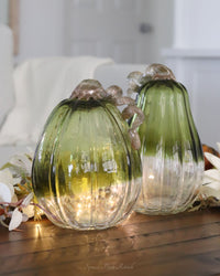 Green and Clear Crackled Handblown Glass Pumpkin Tall