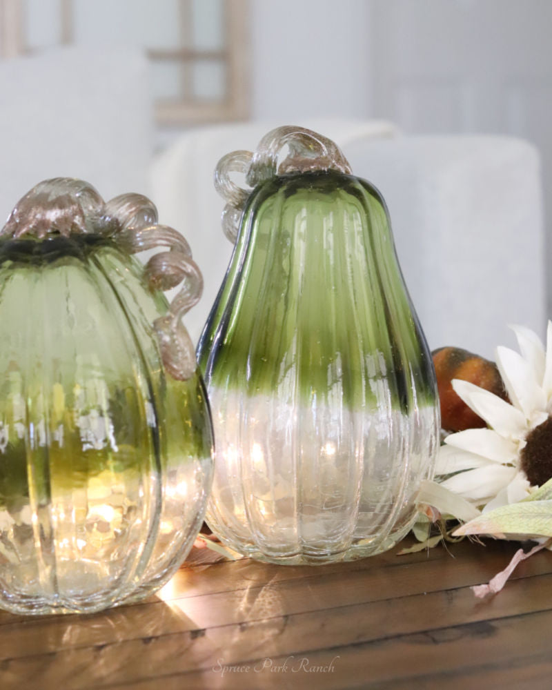 Green and Clear Crackled Handblown Glass Pumpkin Tall