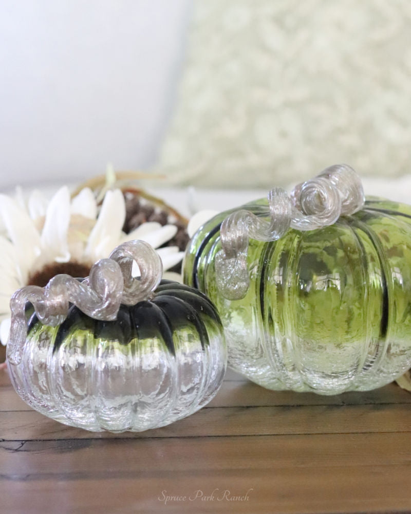 Green and Clear Crackled Handblown Glass Pumpkin Round