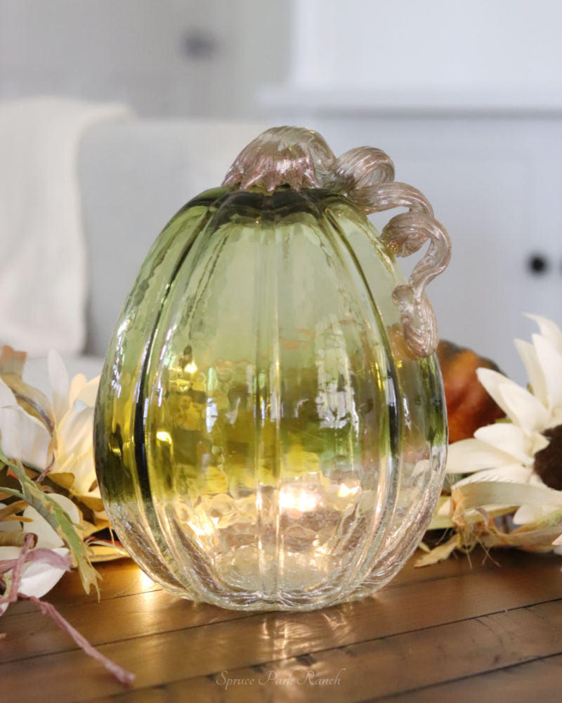 Green and Clear Crackled Handblown Glass Pumpkin Tall