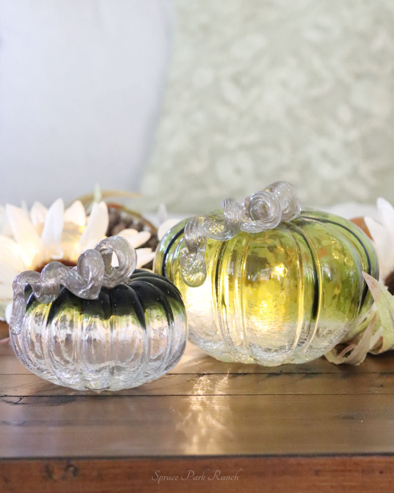 Green and Clear Crackled Handblown Glass Pumpkin Round