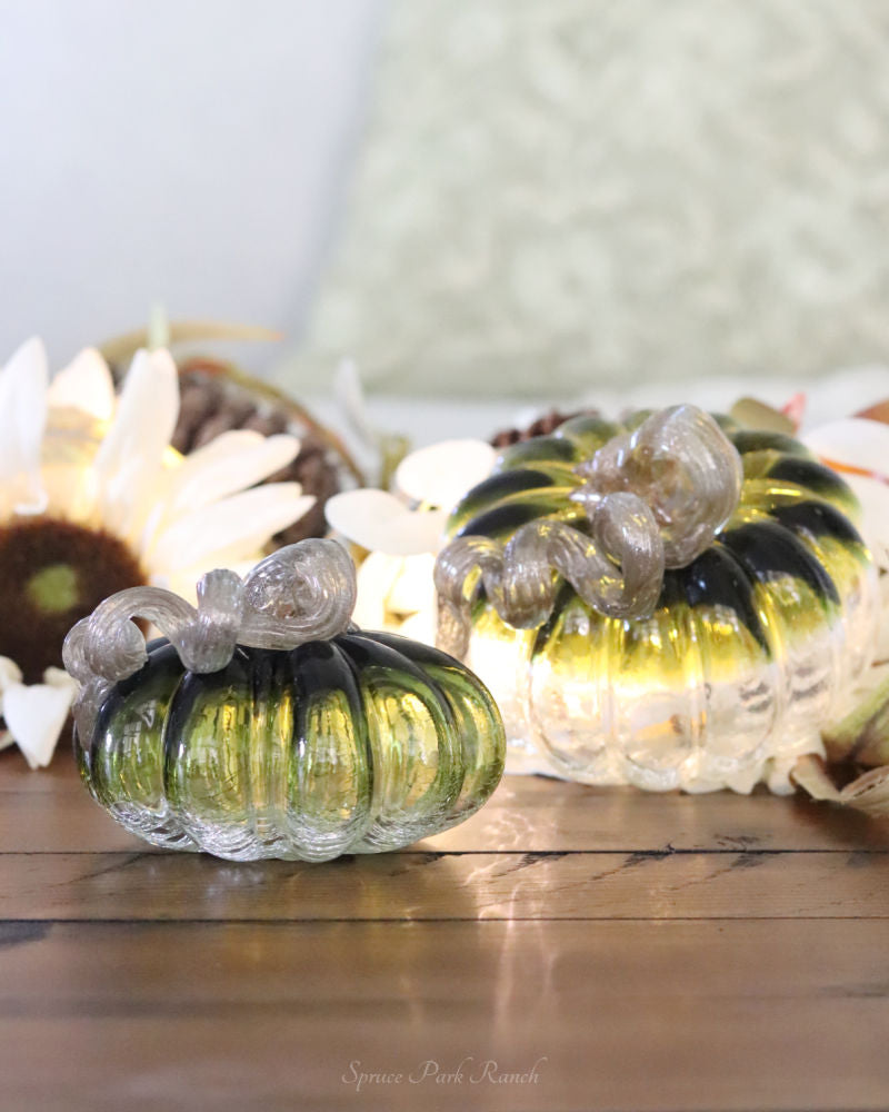 Green and Clear Crackled Handblown Glass Pumpkin Round