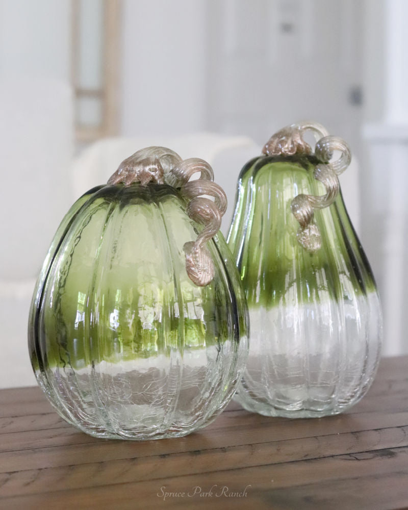 Green and Clear Crackled Handblown Glass Pumpkin Tall