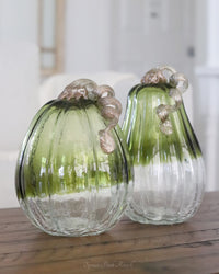 Green and Clear Crackled Handblown Glass Pumpkin Tall