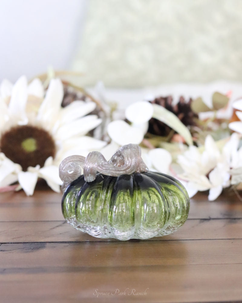 Green and Clear Crackled Handblown Glass Pumpkin Round