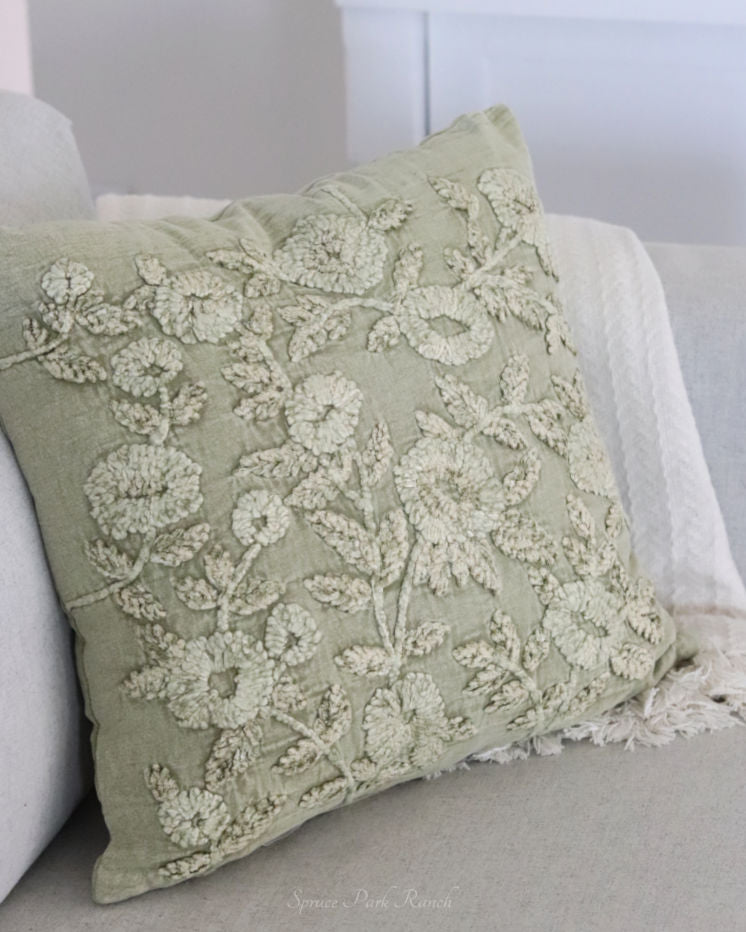 Cotton Stonewashed Sage Green Embroidered Pillow