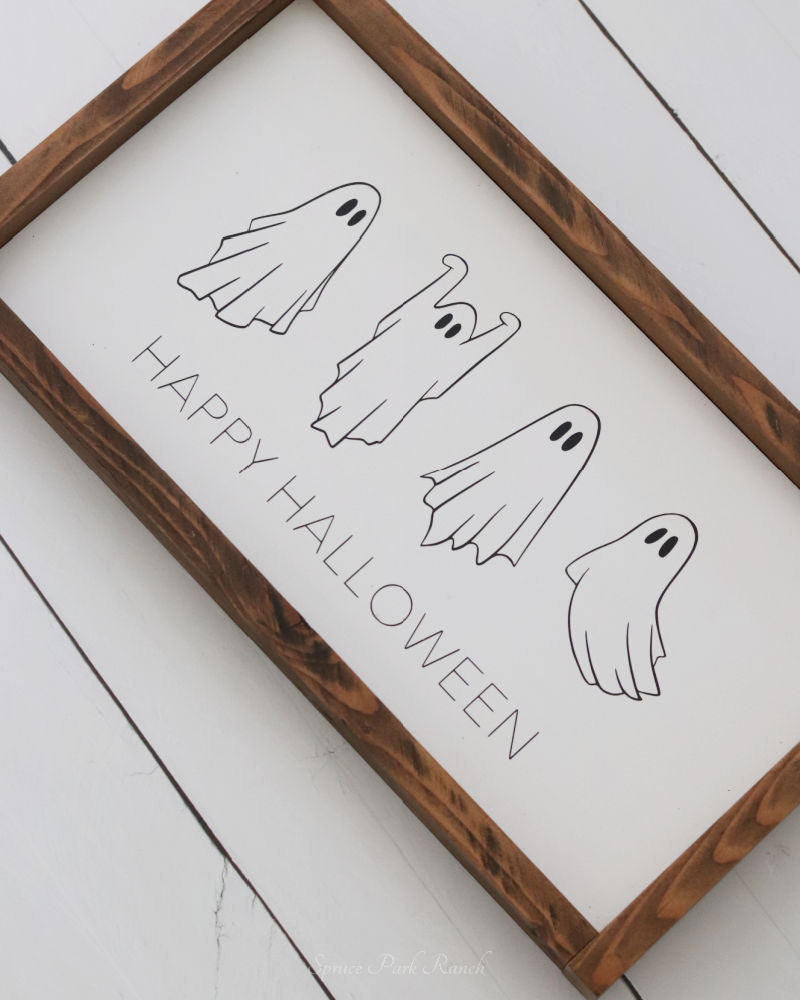 Happy Halloween Ghost Wood Sign White