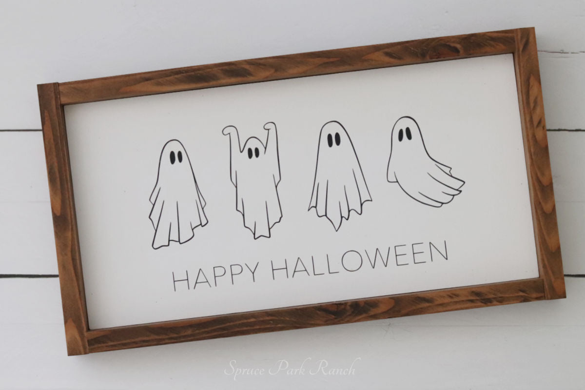 Happy Halloween Ghost Wood Sign White