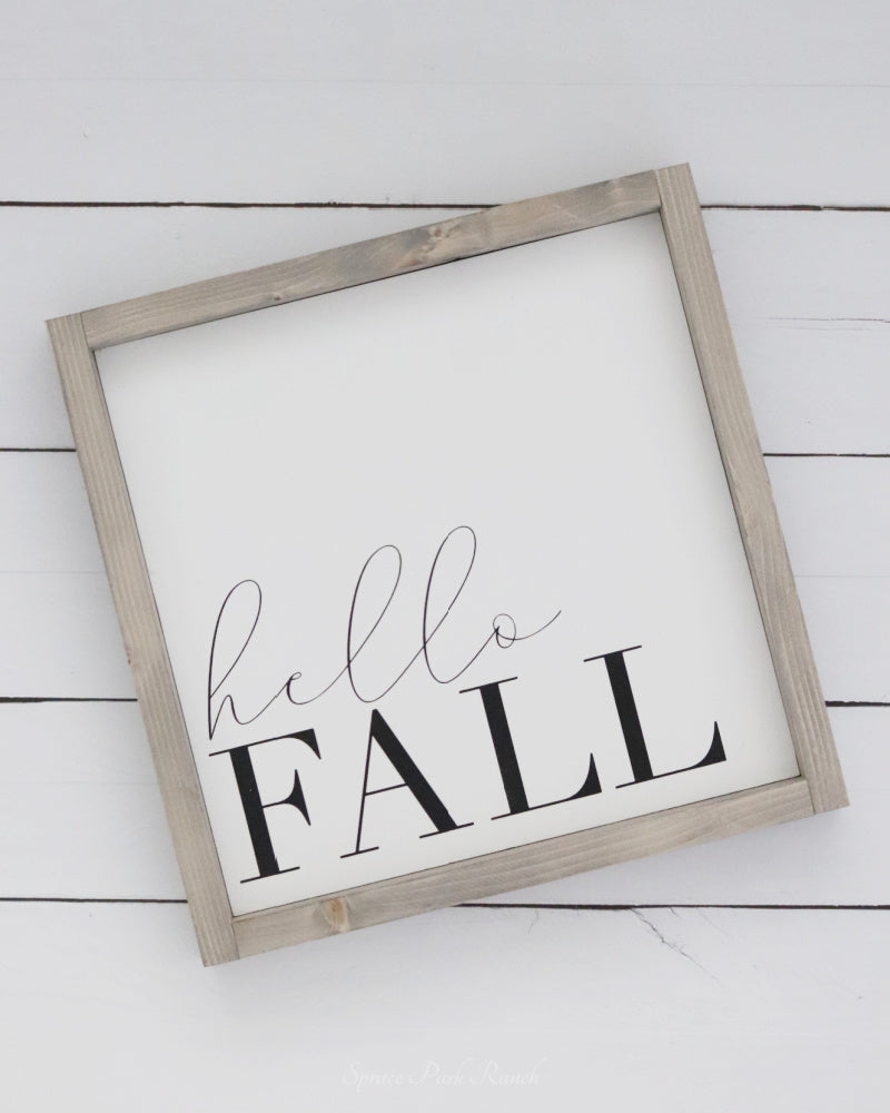 Hello Fall Wood Sign Large Grey Frame