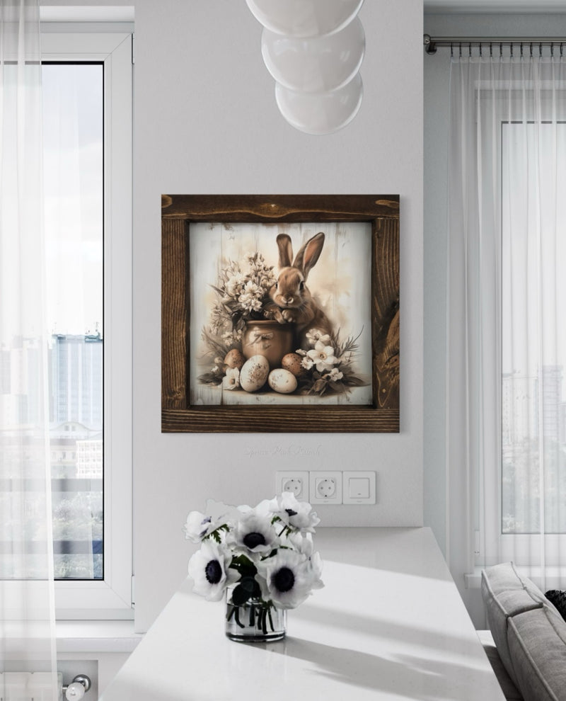 Bunny With Flower Pot And Eggs Canvas Print