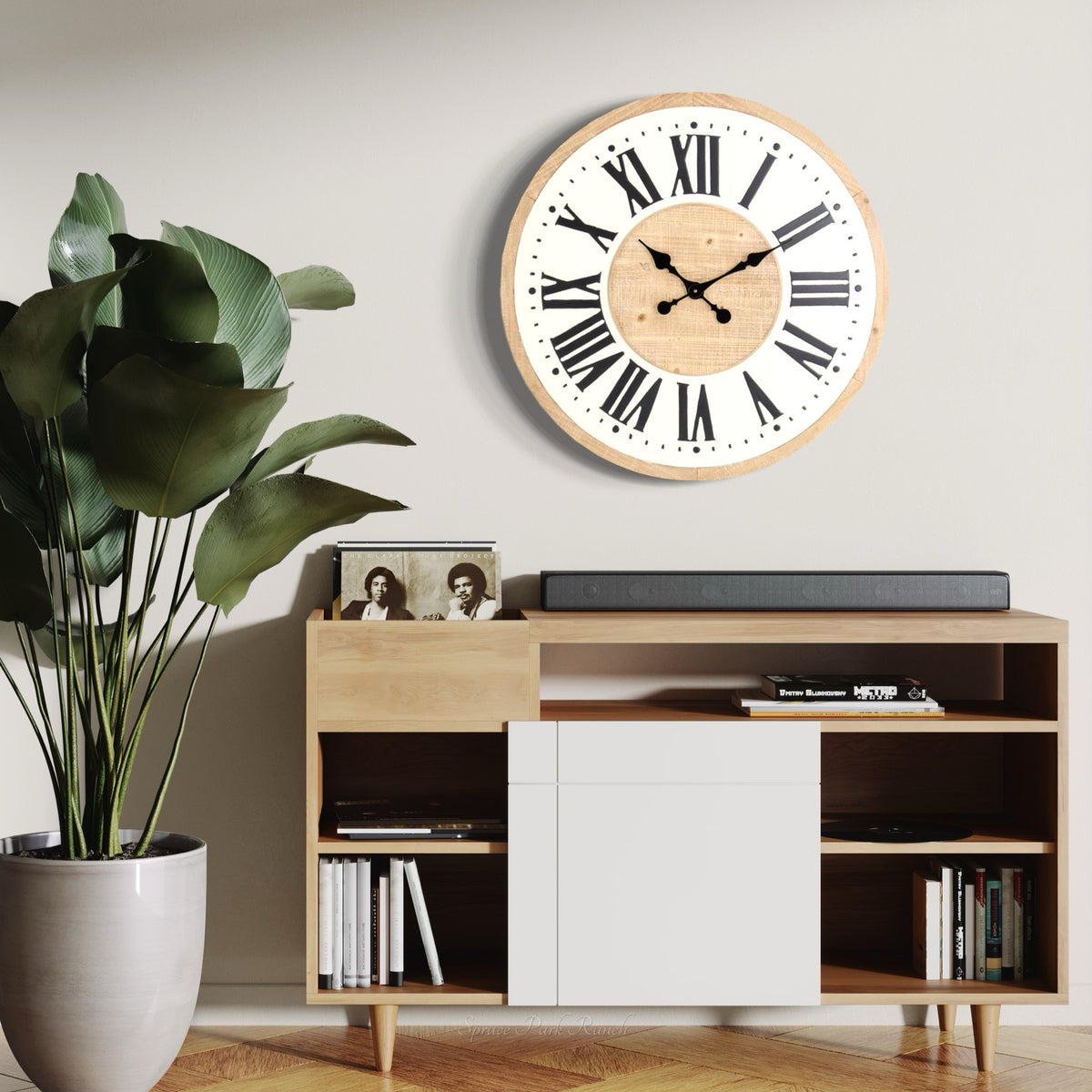 Large Wood and Enamel Wall Clock