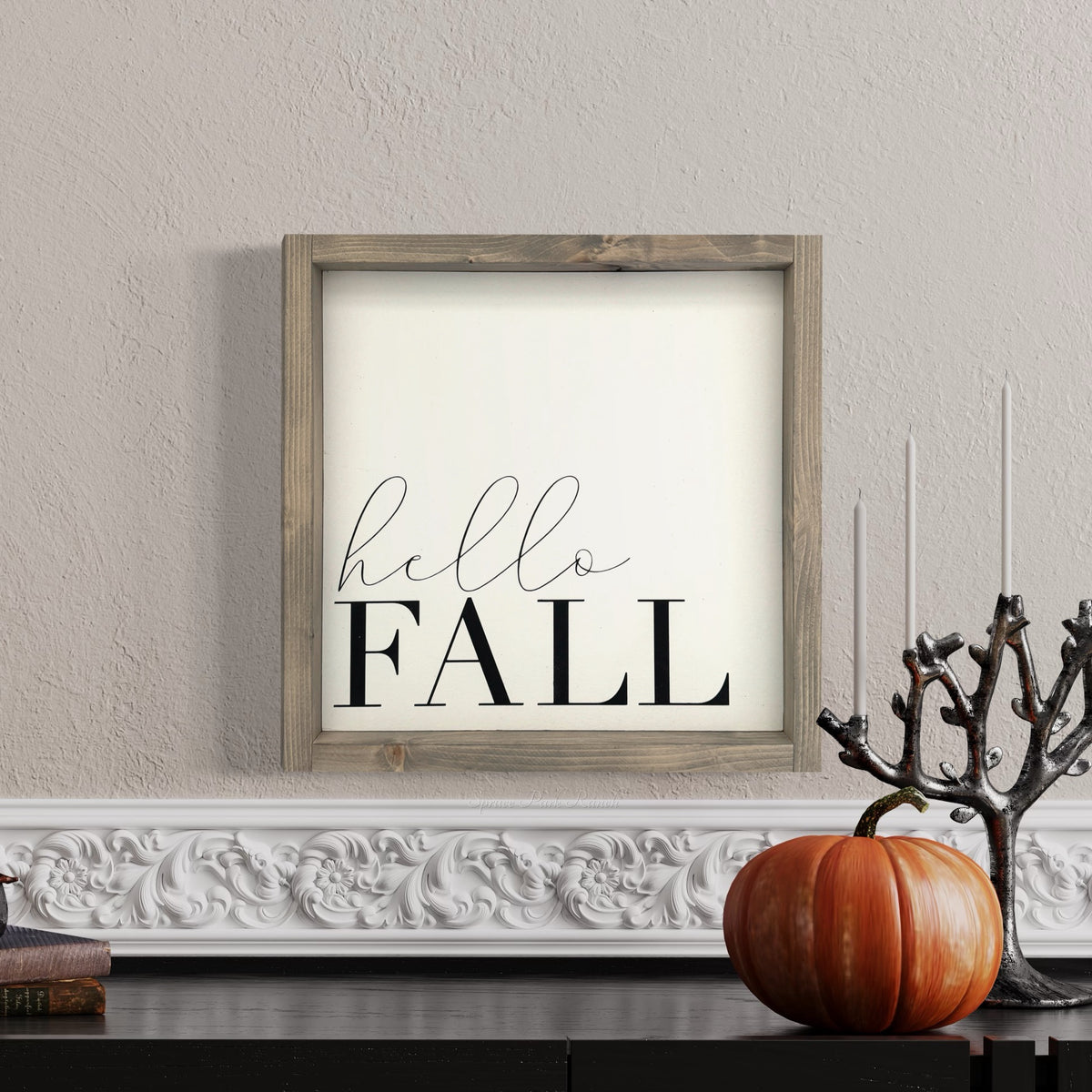 Hello Fall Wood Sign Large Grey Frame