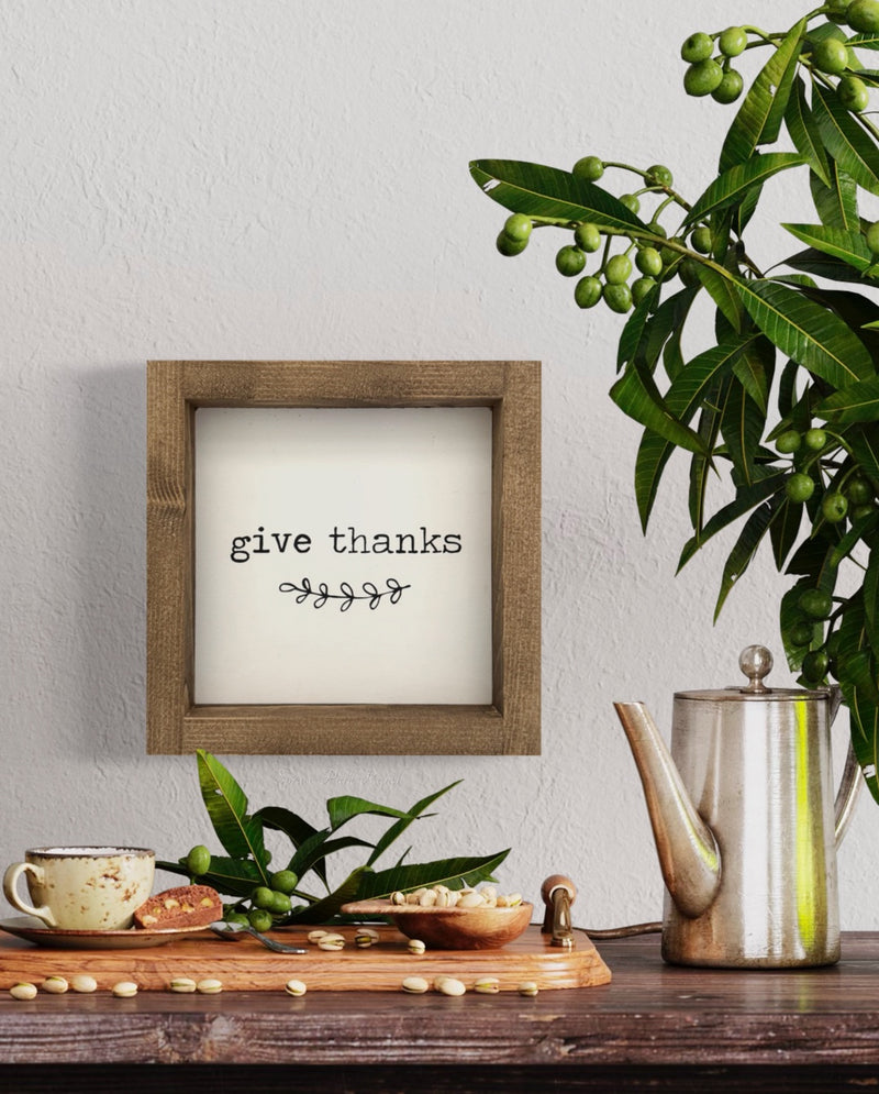 Give Thanks Wood Sign Brown Frame