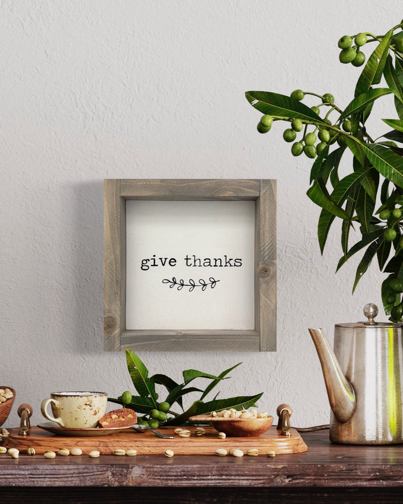 Give Thanks Wood Sign Grey Frame