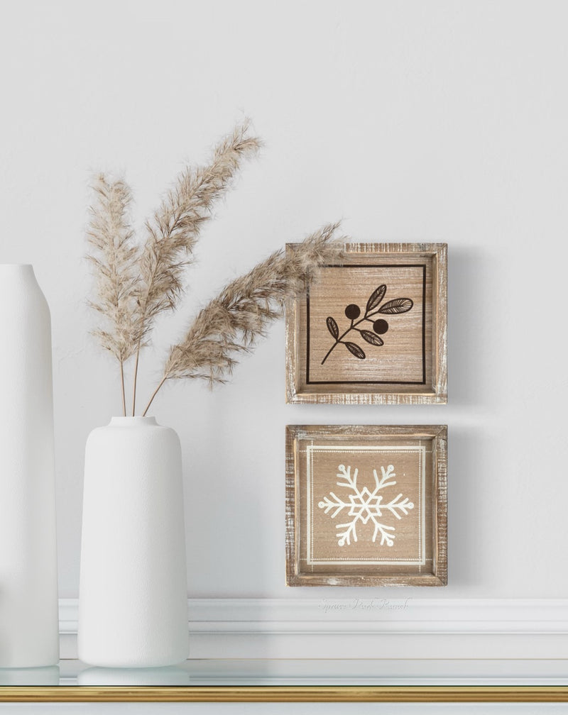 Reversible Natural Snowflake and Leaf Wood Sign