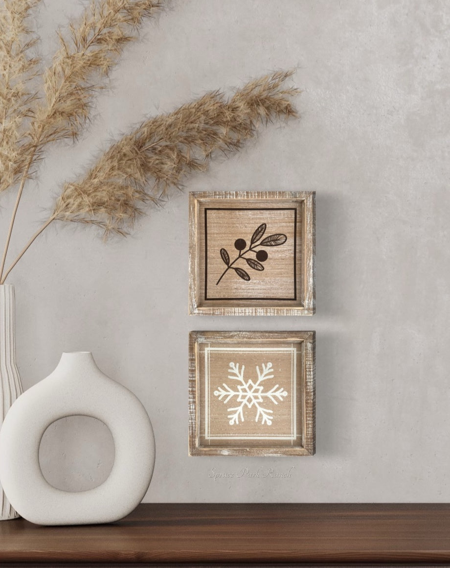 Reversible Natural Snowflake and Leaf Wood Sign