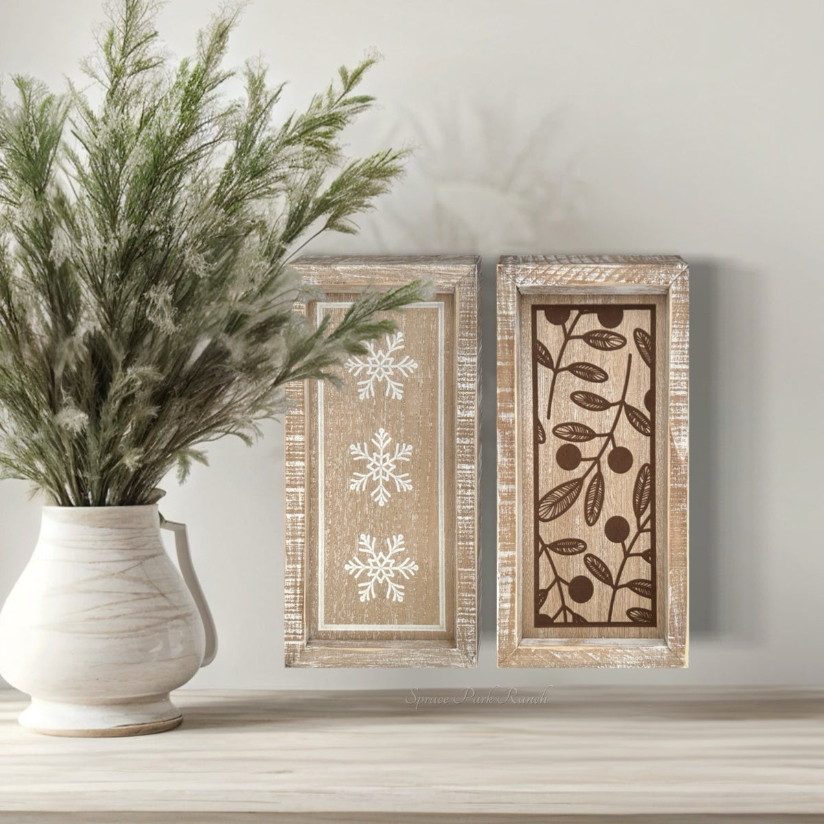 Reversible Natural Snowflakes and Leaf Stems Wood Sign