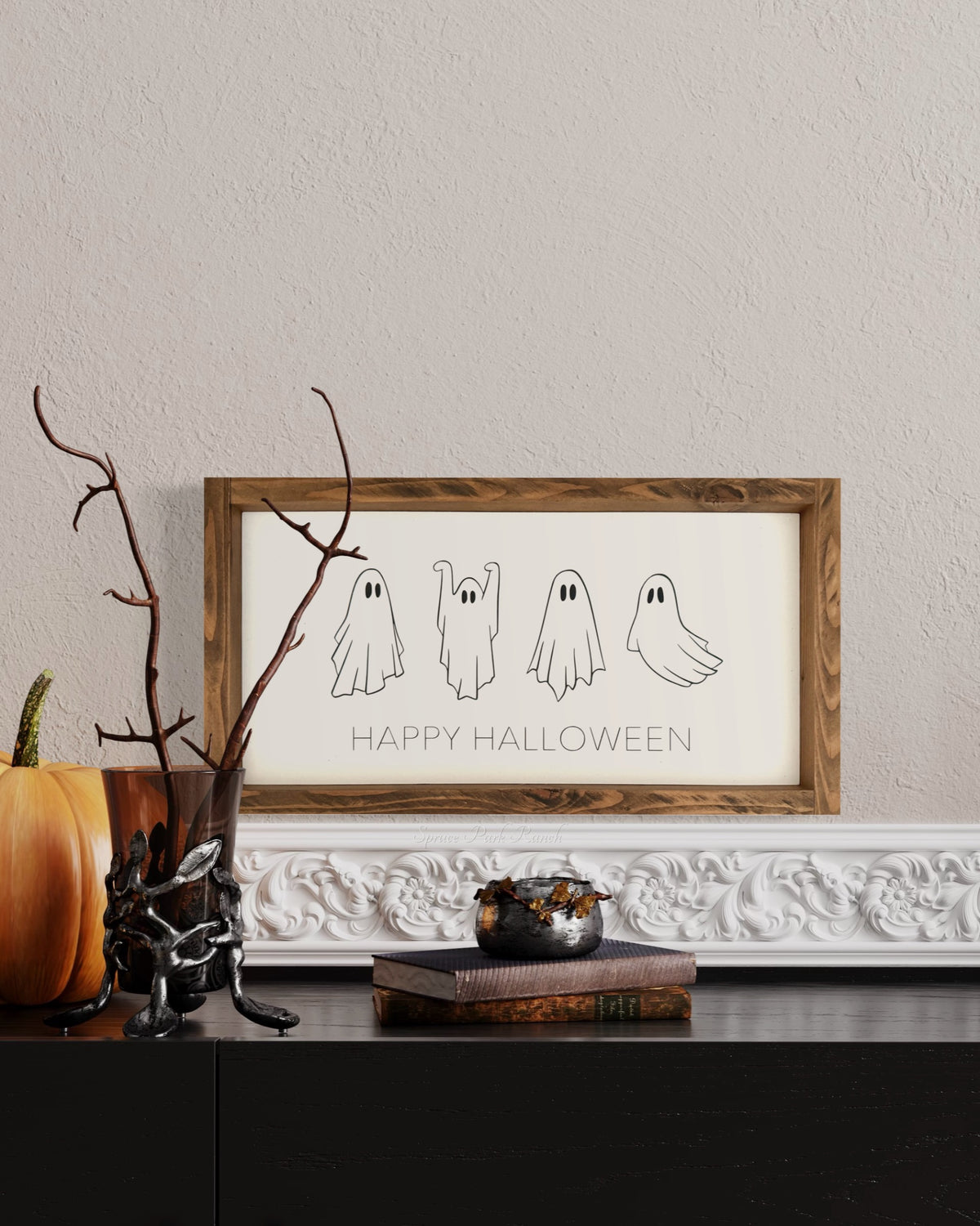 Happy Halloween Ghost Wood Sign White