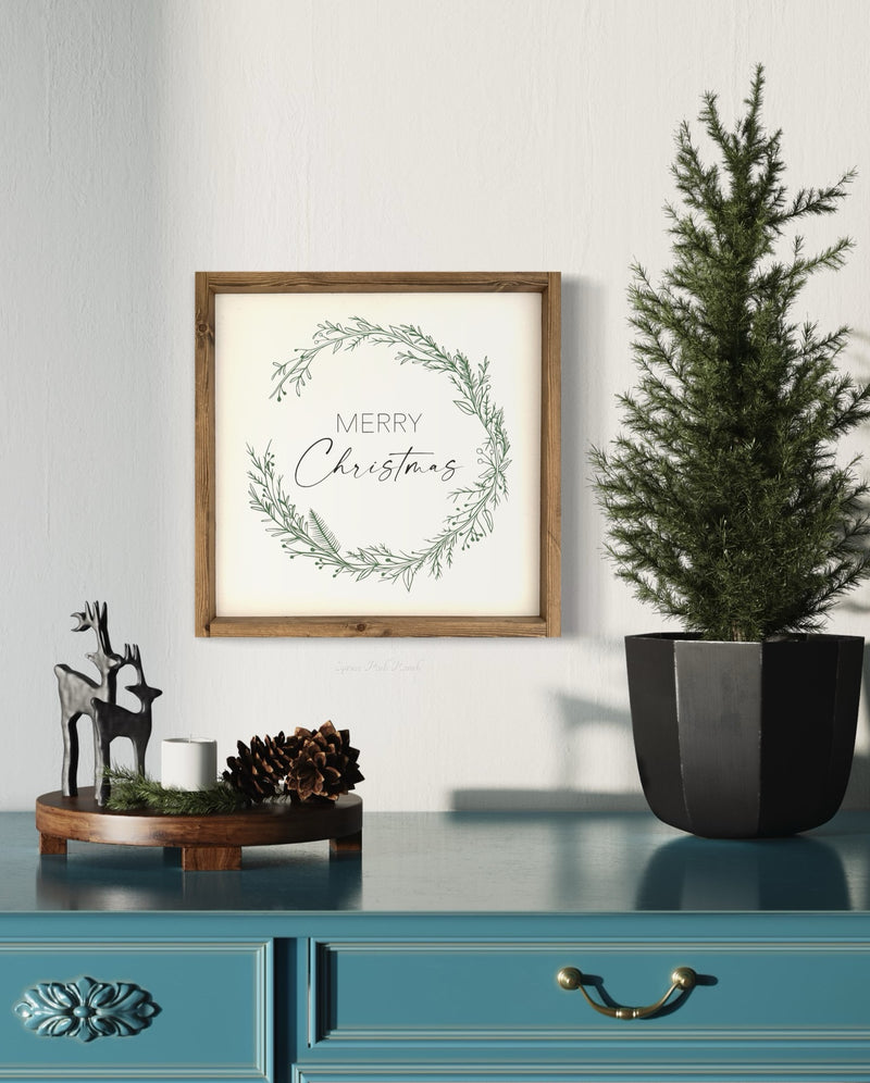 Merry Christmas Wreath Wood Sign