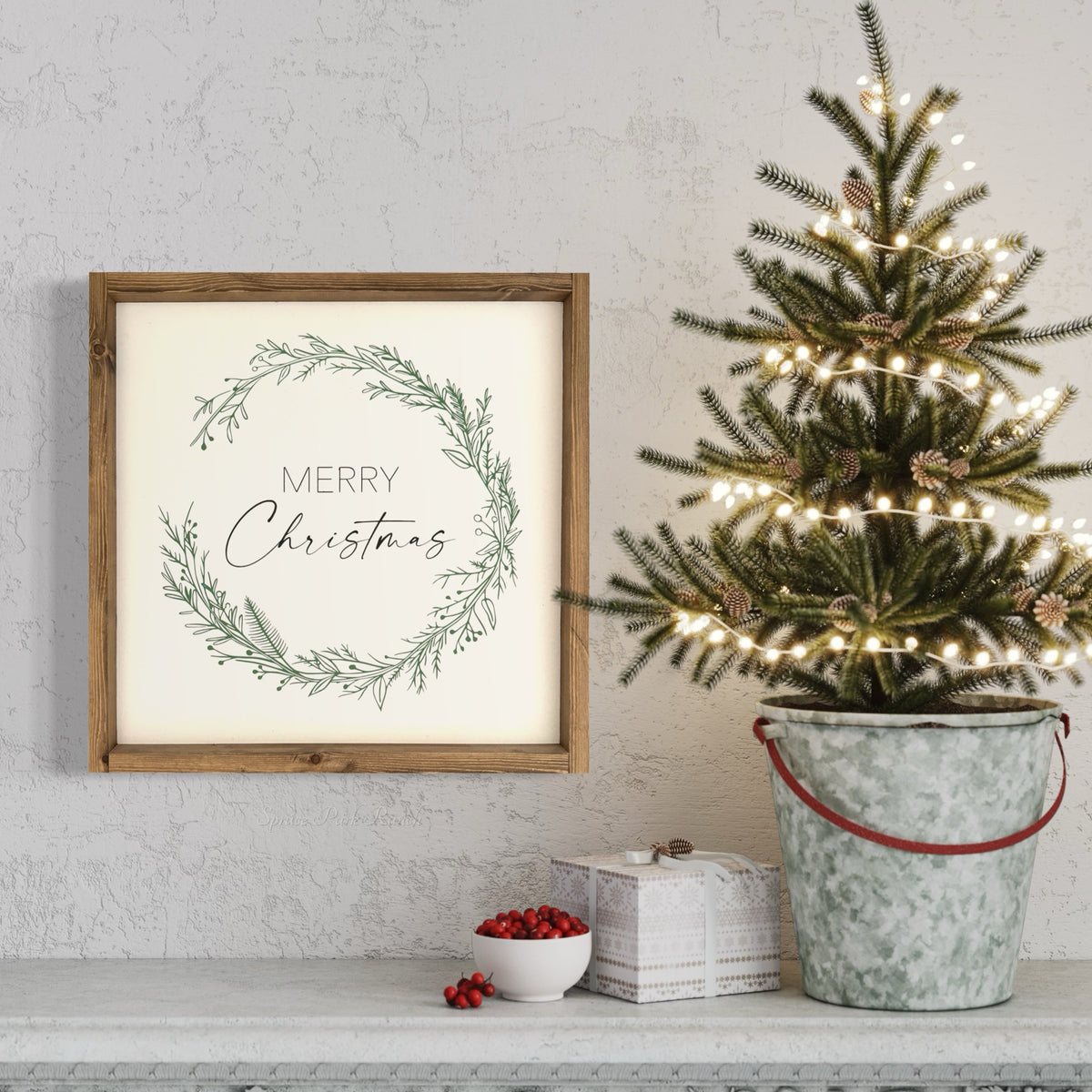 Merry Christmas Wreath Wood Sign