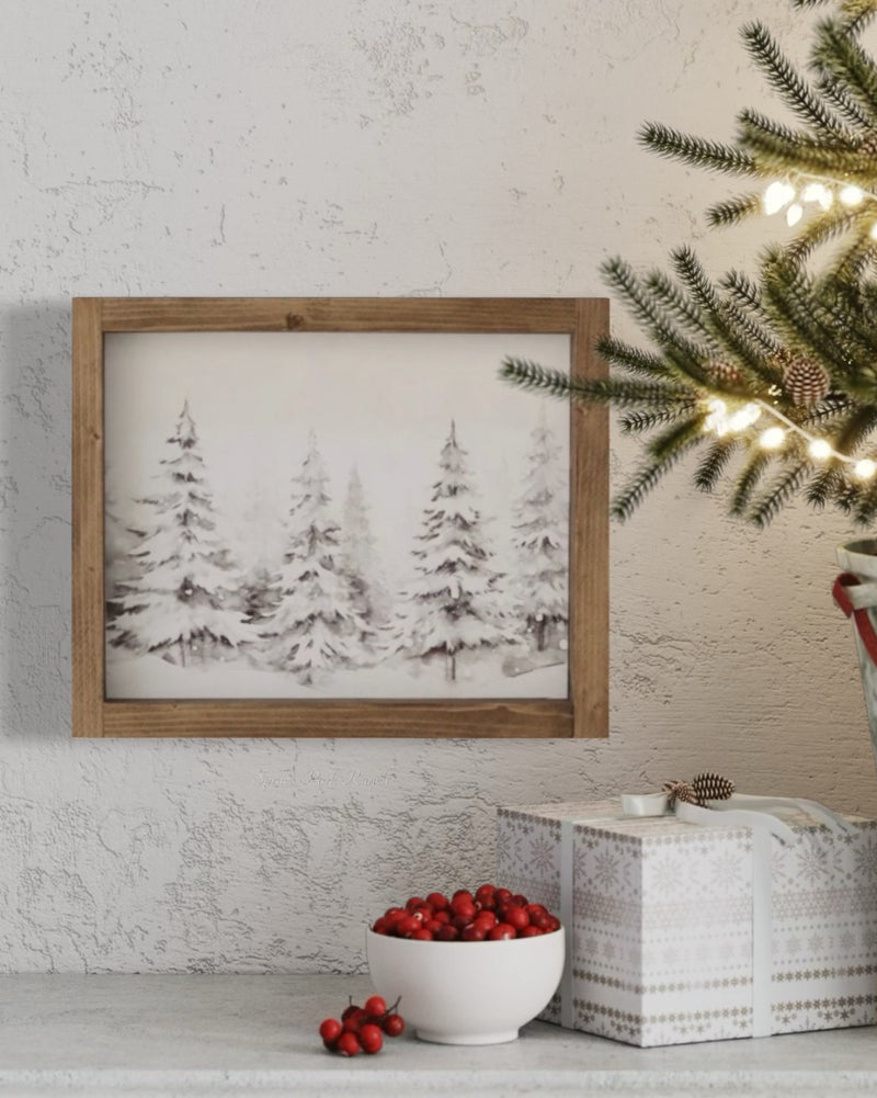 Winter Trees Vintage Print Brown Frame