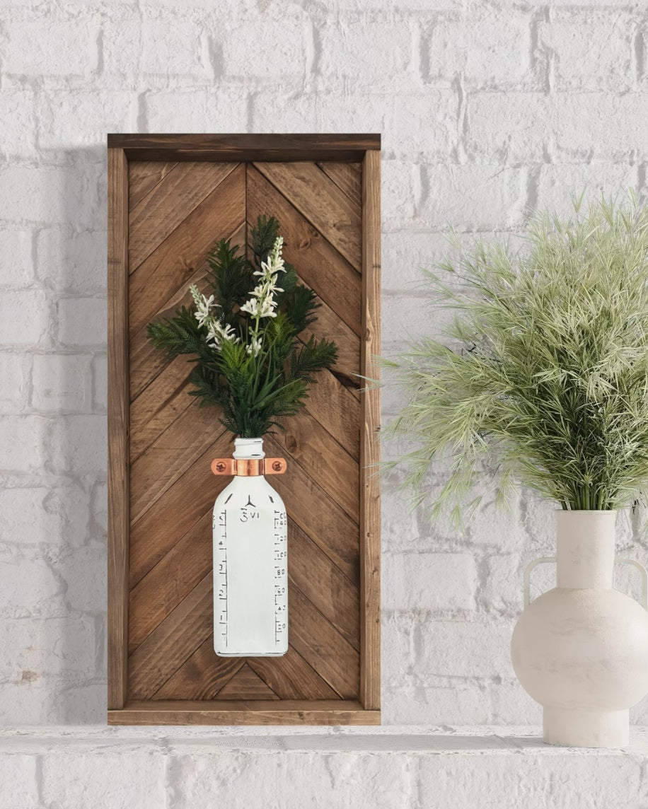 Flat Bottle Hanger Wood Frame Herringbone With Evergreens